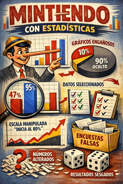 Cartelón ilustrativo sobre la forma de mentir con las estadísticas.