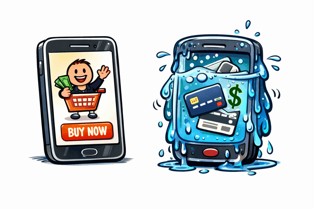 Imagen de un celular mojado vs una aplicación de pagos