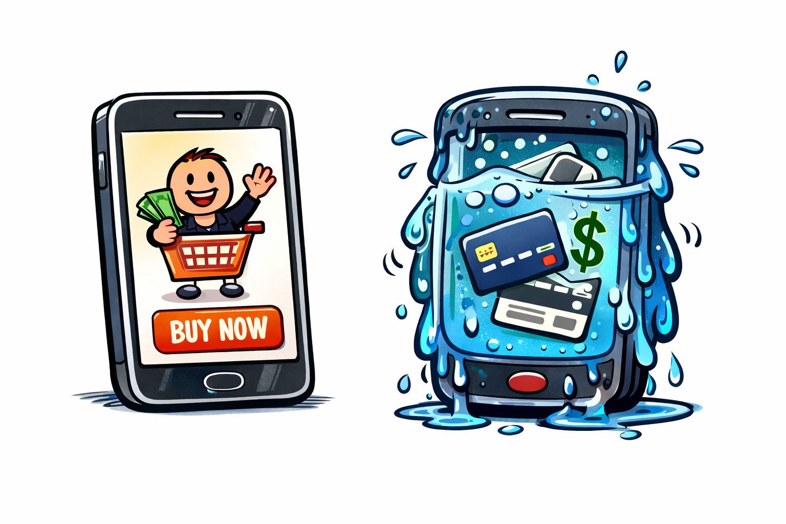 Imagen de un celular mojado vs una aplicación de pagos